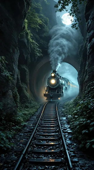 Ghostly steam locomotive emerging from a brick tunnel in a steep rocky ravine at night, surrounded by mist, smoke, and moonlight