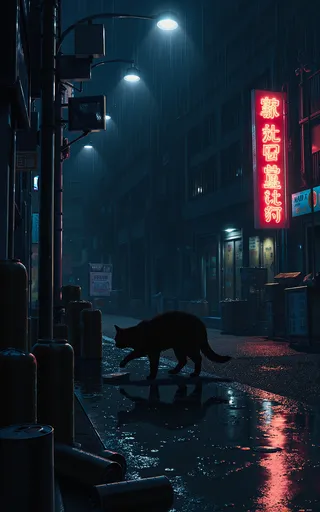 A sleek black cat rummaging through discarded cans on a wet, rain-soaked street lit by neon signs and a flickering street lamp in a dark urban alleyway at night.