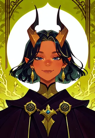 Portrait of a smiling female tiefling with dark hair, golden horns, and elaborate gold jewelry, set against a stylized nature background with green and gold tones.