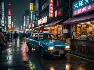 Photorealistic cyberpunk city street at night, illuminated by neon signs and holographic advertisements, with a rainy wet pavement reflecting colorful city lights and a ramen stall bustling with people.