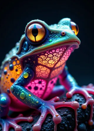 Vibrant psychedelic frog with large bulging eyes and a body covered in intricate trypophobia-like cell holes glowing in bright colors of pink, orange, and blue against a dark background.