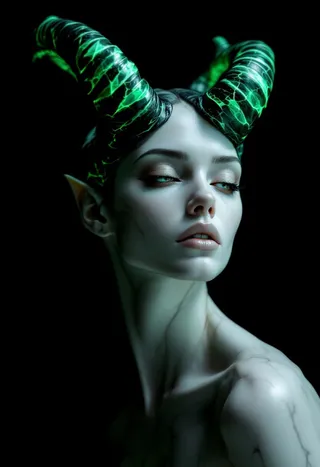 Hyper-realistic portrait of a demonic queen with flawless alabaster skin, glowing under an emerald light, with twisting obsidian horns featuring green and gold marble veining.
