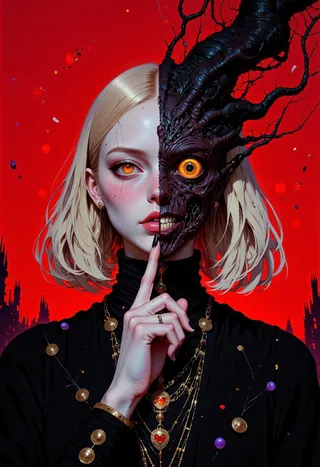 A surreal digital portrait of a young girl with blonde hair; one half of her face human with glowing yellow eyes, the other a dark grotesque creature with a spiral eye, set against a vivid red background.