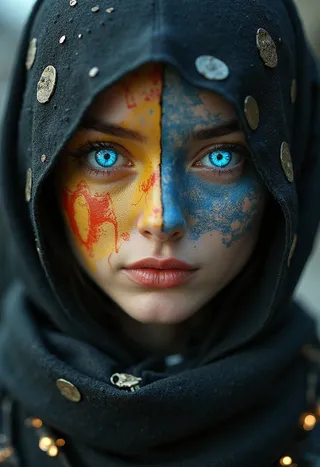 Close-up portrait of a person with cobalt and vermilion face paint. The left side is canary yellow with fractal and sigil patterns, the right side is shadow gray with biomechanical details. The subject has glowing blue eyes and wears a dark scarf embedded with LED lights.