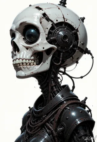 A detailed black-and-white close-up of a cyborg skull with large hollow eye sockets, mechanical parts, wires, and a skeletal structure, set against a plain white background.
