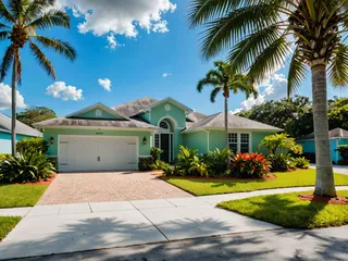 Bright and sunny Florida suburban house with a teal exterior, white garage doors, lush green lawn, vibrant Queen palm trees, and a clear blue sky with some fluffy clouds.