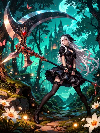 A gothic warrior woman with flowing white hair and a black frilly dress stands defiantly in a moonlit forest holding a large ornate scythe, with a mystical castle silhouetted in the background.