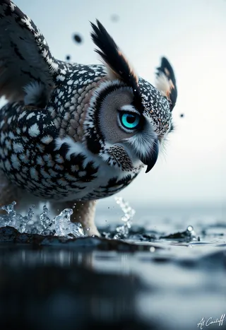 Close-up low-angle shot of an owl with piercing blue eyes, black and white fragmented feathers, captured with telephoto lens and water splashing around.