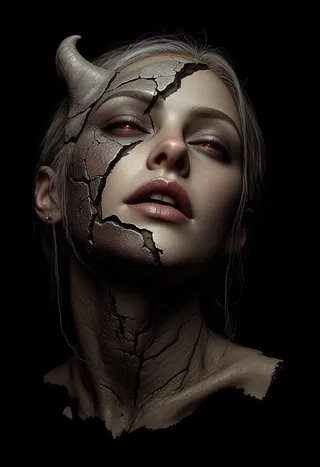 Close-up portrait of a humanoid female with a cracked bone-like mask partially covering her face, a twisted horn on the left side of her head, and glowing red eyes against a dark void.