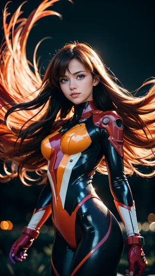Photorealistic image of Asuka Langley wearing a highly detailed red and orange Evangelion suit with dynamic pose and moonlight illuminating her flowing hair against an abstract colorful background.
