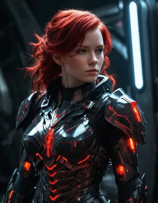 Female character with red hair wearing sci-fi black and red armor featuring glowing red elements, looking sideways in a futuristic setting.