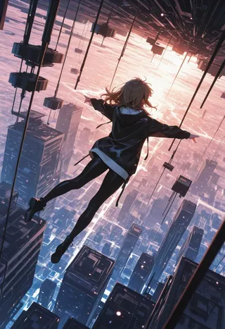 A girl seen from behind flying amidst floating buildings in a cityscape with volumetric lighting and an abstract background at dusk.