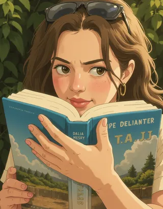 A woman with brown hair wearing glasses on her head, holding and reading a blue book, illustrated in a detailed Ghibli-style portrait with leafy background.
