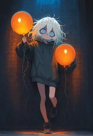 Anime style girl with messy white hair and big blue eyes holding two glowing orange balloons, wearing a dark hoodie, standing on one leg against a black brick wall background with volumetric lighting.