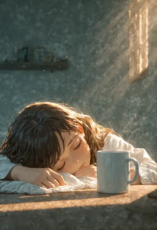 A girl sleeping face down on a table with a coffee mug in focus, bathed in warm early morning light rays and hazy air with cinematic lighting and blurry background.