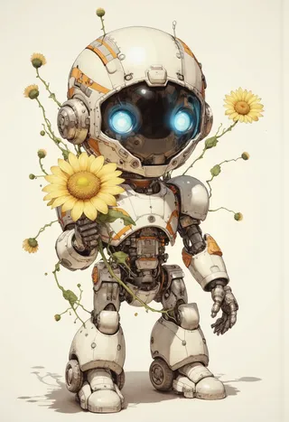 A cute baby robot with glowing blue eyes holding a yellow sunflower, detailed with mechanical joints and white and orange armor, surrounded by vines and small flowers.