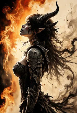 A closeup portrait of an ethereal female demon with long flowing hair, curved horns, wearing intricate dark armor with a fiery smoky background.