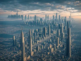 Aerial drone photo of an authoritarian city with towering skyscrapers, grand garden, palace and government buildings under cinematic lighting.