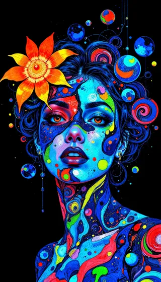 A vividly psychedelic female portrait with swirling neon colors and fractal patterns covering her face and body, illuminated by cosmic light, adorned with a vibrant orange flower in her hair, set against a pitch-black background with floating orbs and sacred geometry.