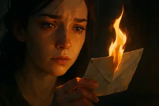Close-up of a young woman watching a folded letter burning in her hand, warm flame light reflecting in her eyes, detailed and stylized with painterly 3D and cel-shaded lighting.