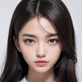 Close-up portrait of a young girl with smooth skin, natural makeup, black hair, and gray eyes looking directly at the viewer.