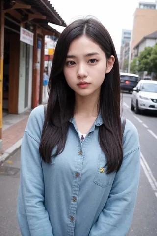 Portrait of a young woman with long dark hair wearing a casual blue shirt standing outdoors on an urban street.