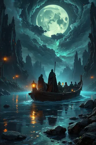 A dark fantasy scene showing Charon, the robed ferryman, guiding a boat with souls across the misty River Styx under a large glowing moon surrounded by rocky cliffs and eerie lantern light.