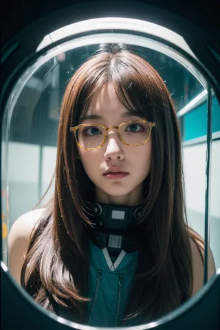 Photorealistic close-up portrait of a young woman with long hair and glasses, seen through a circular frame with a slightly muddy glass effect