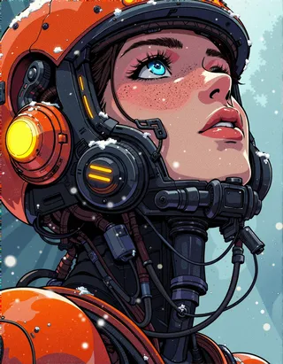 Close-up of a female sci-fi pioneer wearing a futuristic helmet with neon orange accents, her freckled face partially visible under falling snow.