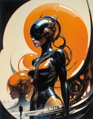 Hyper detailed biomorphic futuristic female figure in a dynamic pose surrounded by large orange spheres, in a style blending Syd Mead and Nicola Samori influences.