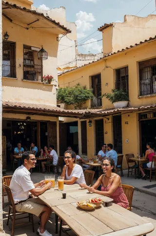 People enjoying drinks and conversation at a sunny outdoor Havana cafe courtyard with rustic wooden tables and yellow-walled buildings.