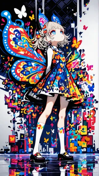 A girl with butterfly wings and cat ears wearing a colorful cubism printed dress stands on a reflective floor against a matrix-style background with scattered butterflies.