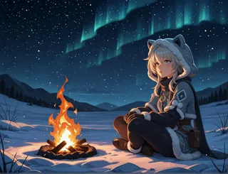 Anime girl Lynx Landau sitting by a campfire on snowy ground at night with a starry sky and aurora borealis illuminating the background.