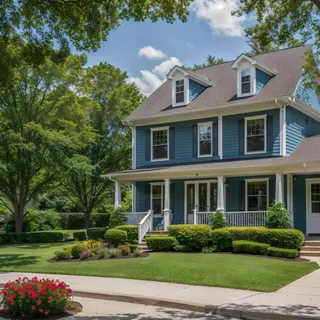 Photograph of a suburban American house painted blue with a porch, bay windows, front lawn, shrubs, driveway, and an American flag under a partly cloudy sky.