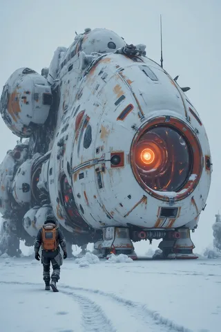A lone traveler in a backpack and helmet walks through a snowy landscape towards a massive, worn-out derelict spaceship with a glowing orange circular window.