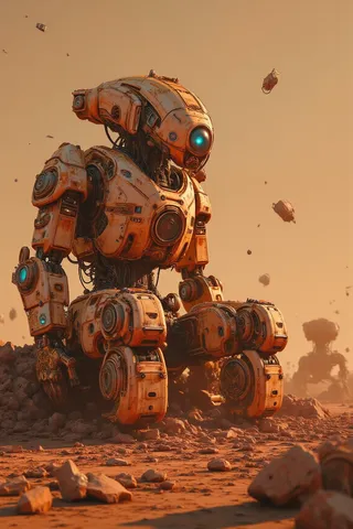 A rusted humanoid robot with glowing blue eyes sits on a throne made of scrap metal in a barren desert littered with rocks and debris under a burnt orange sky.
