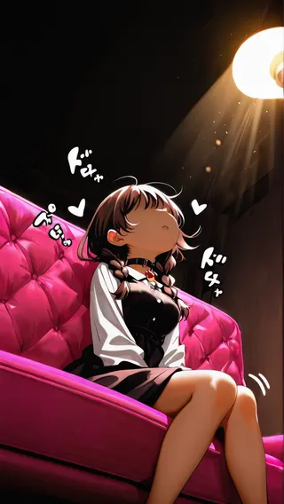 Anime-style girl with brown twin braids sitting on a bright pink couch under dim lighting, wearing a pet choker and black dress with white sleeves, viewed from below.