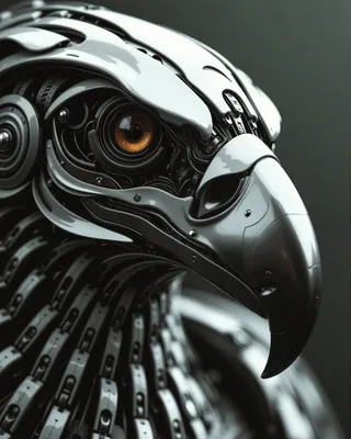 高細節機械鷹頭特寫，具金屬喙和複雜機械零件，靈感來自transformers，以ckrcc風格渲染。