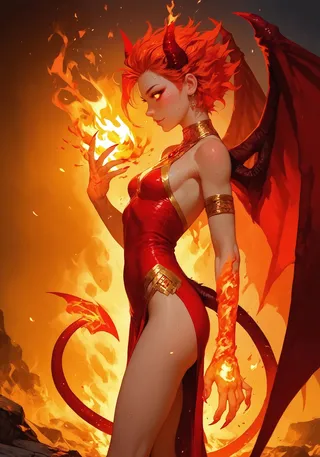 A slender succubus with short red horns, large burning wings, and fiery hair, wearing a revealing red and gold dress, standing amidst flames with molten lava hands.