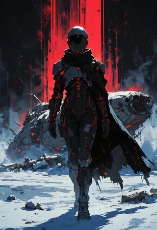 A figure in a sleek, armored futuristic spacesuit with glowing red circuitry walks through a frozen alien wasteland with a wrecked starship in the background under a dark sky lit by red stars.