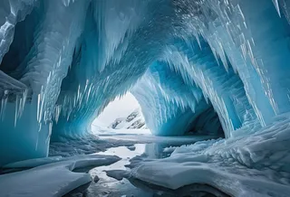 A mystical ice cave featuring glacier blue and frost white tones with fractal-like icy patterns and icicles hanging from the ceiling.