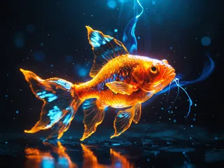 A glowing goldfish illuminated with vibrant orange and blue neon lights, emitting sparks and glowing in an underwater scene.