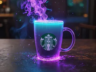 A Starbucks coffee mug glowing with neon cyan and amethyst colors, emitting vibrant purple smoke and sparks against a dark background.
