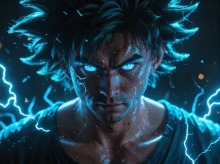 A realistic, cinematic depiction of Son Goku with glowing cyan eyes and blue electric sparks emanating from his hair and body in a dark setting.