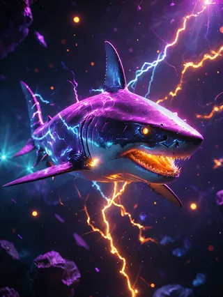 A glowing shark illuminated in neon lights swimming through a dark space with electric sparks and vibrant amethyst and orange hues.