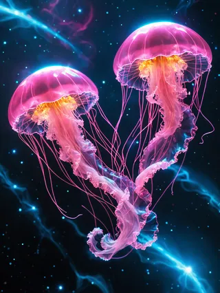Two glowing neon pink and blue jellyfish with long tentacles floating gracefully in a starry cosmic space background.