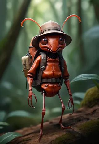An adventurous cute ant wearing a tiny explorer’s hat and carrying a mini backpack stands in a vivid colorful jungle with detailed exoskeleton, shown in a comic style close-up.