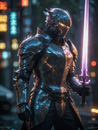 A man wearing high tech samurai power armor with menpo helmet and glowing eyes holding a glowing purple sword in a neon-lit urban environment.