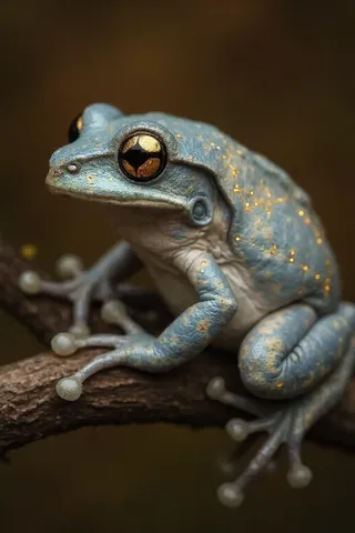 Close-up of an Amazonian treefrog on a branch with bright golden eyes and a celestial pattern of gold constellations and topographical lines on pale blue and beige stormy sky-colored skin.