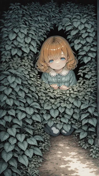 A young girl with curly ginger hair and blue eyes peeks out from dense, dark green bushes, illuminated by soft light on a leafy path.